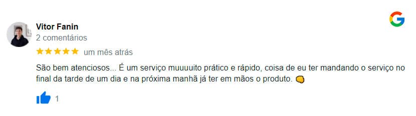 Avaliação feita por um de nossos clientes no Google