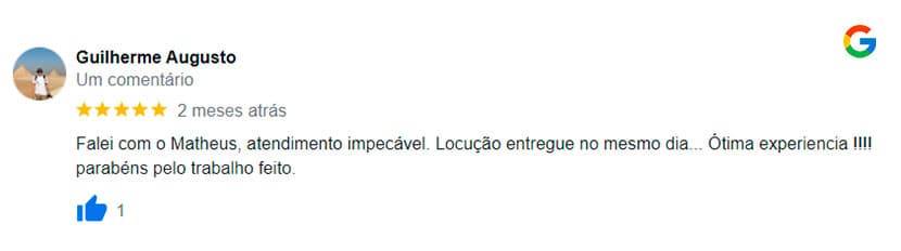 Avaliação feita por um de nossos clientes no Google