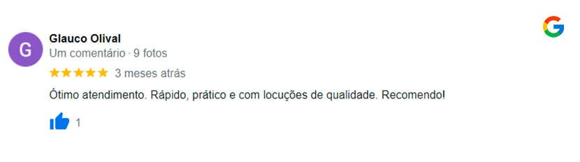 Avaliação feita por um de nossos clientes no Google