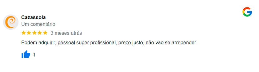Avaliação feita por um de nossos clientes no Google