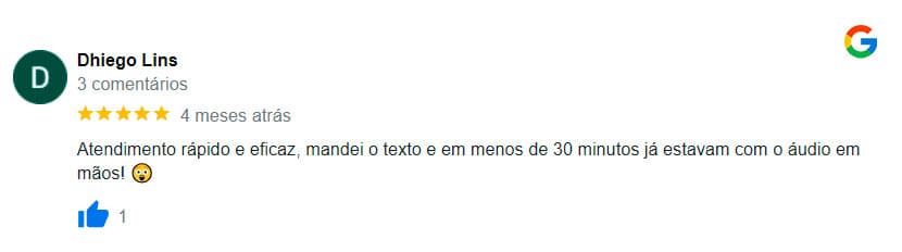 Avaliação feita por um de nossos clientes no Google
