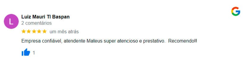 Avaliação feita por um de nossos clientes no Google