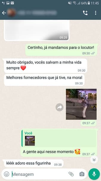 Avaliação feita por um de nossos clientes no Whatsapp