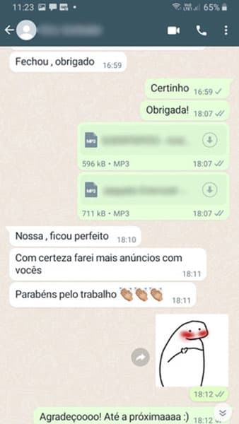 Avaliação feita por um de nossos clientes no Whatsapp