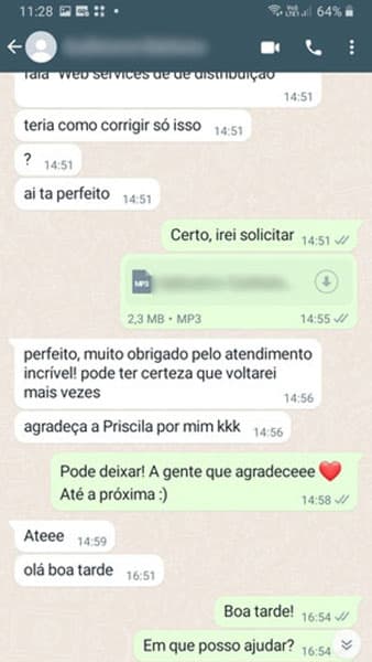 Avaliação feita por um de nossos clientes no Whatsapp