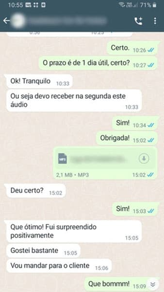 Avaliação feita por um de nossos clientes no Whatsapp