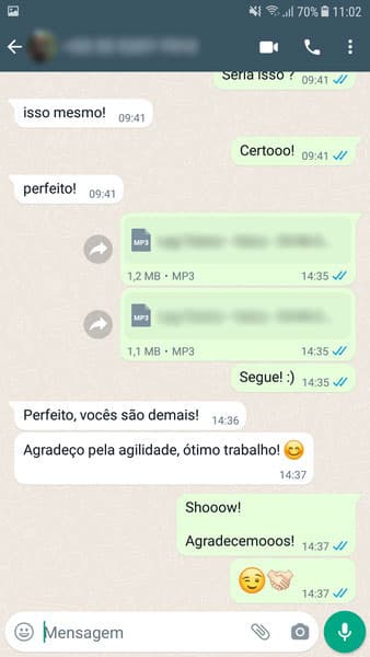 Avaliação feita por um de nossos clientes no Whatsapp