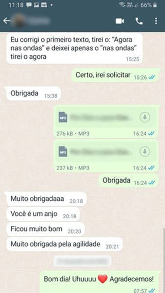 Avaliação feita por um de nossos clientes no Whatsapp