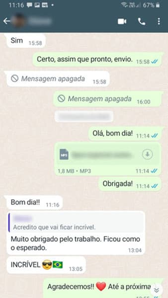Avaliação feita por um de nossos clientes no Whatsapp