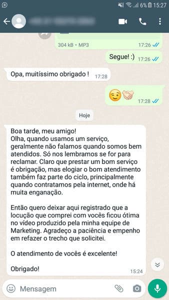 Avaliação feita por um de nossos clientes no Whatsapp